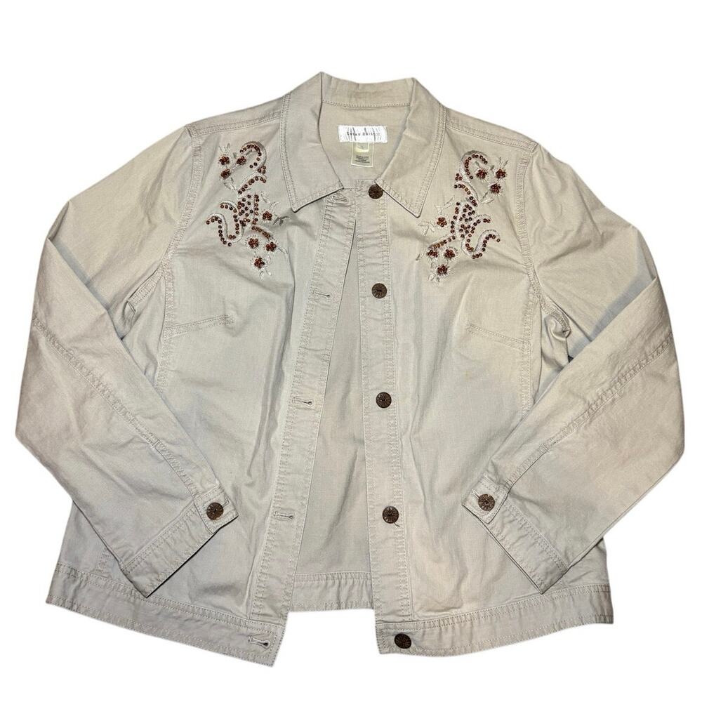 Susan Bristol Vintage Embroidered Shacket 💚 Button‑Down Boho Top 🧥 Size L